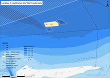 Kaart met 3 locaties meetframes op de zeebodem boven Ameland, BACI-studie zeebodem na zandwinning (Rijkswaterstaat)